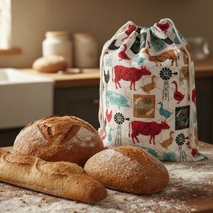 Farmhouse Cow and Chicken Cotton Bread Bag, Reusable Sourdough Storage, Handmade